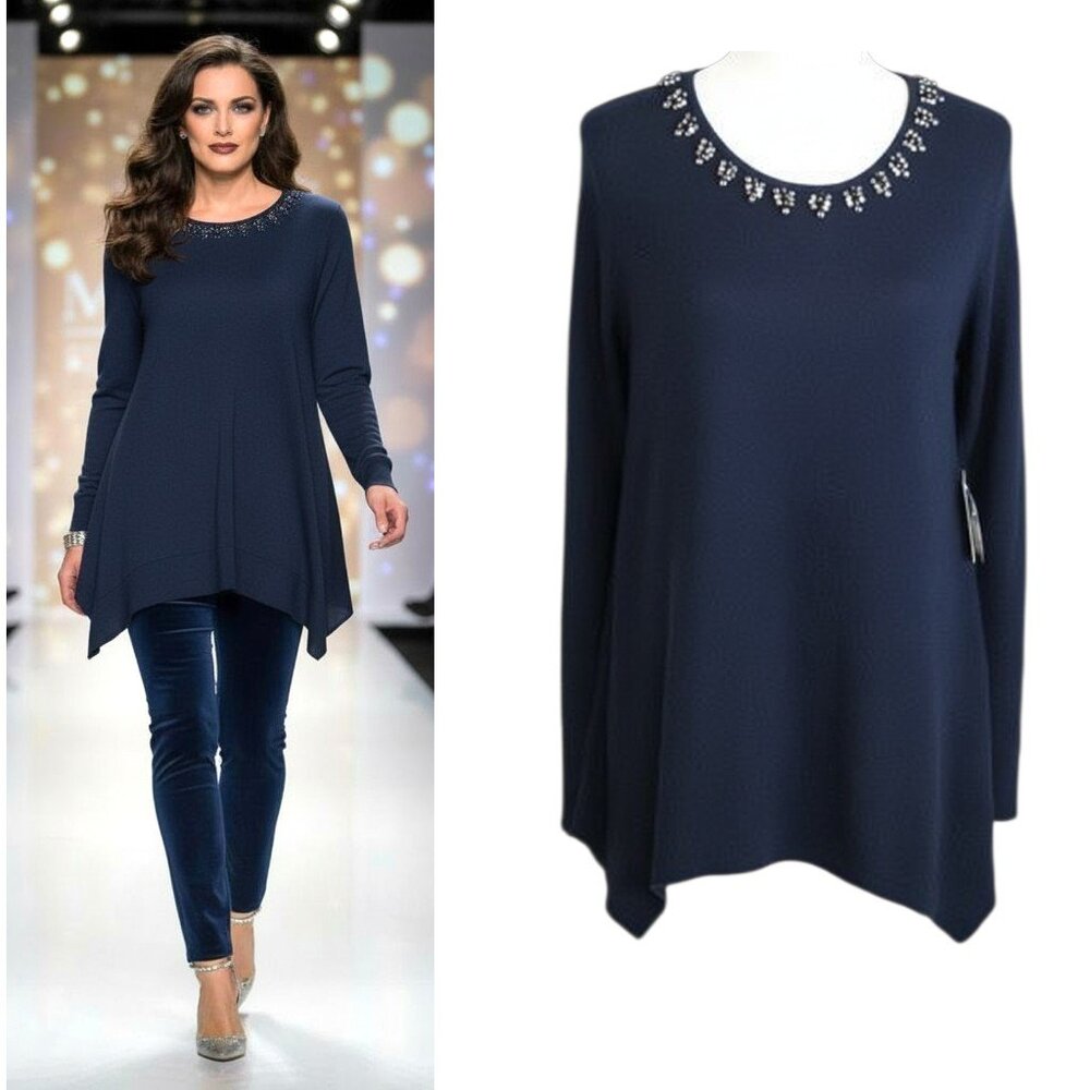 Vera Wang Sweater Women's Sz M Navy Blue Embellished Knit Long Sleeve Pullover